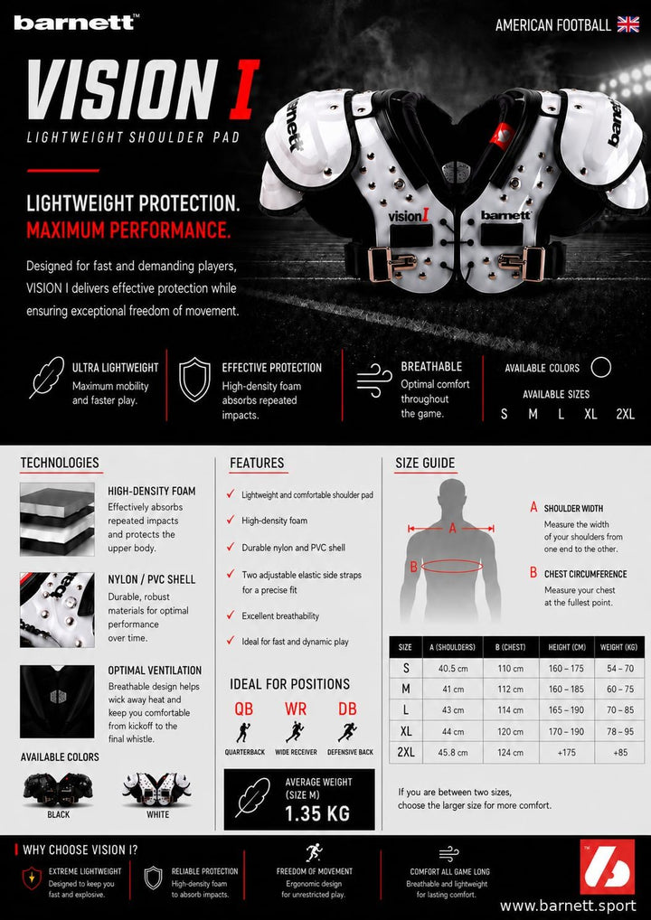 BARNETT Shoulderpad Vision I American Football Schulterschutz, sehr leicht XL, XL