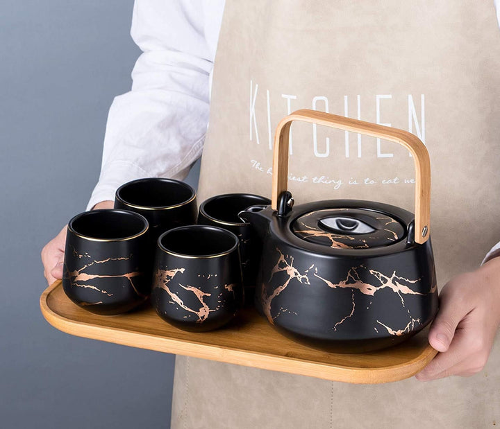 KKGUD Japanischer Stil, Keramik-Teeset, elegante Teekanne und 4 Teetassen mit Holztablett für Nachmi