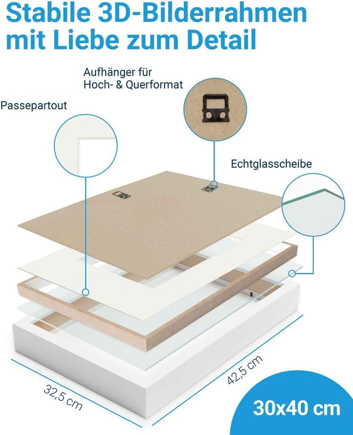 PHOTOLINI 3D Bilderrahmen zum Befüllen 30x40 Weiss gross, 3 cm tiefer Objektrahmen mit Glas, tiefer