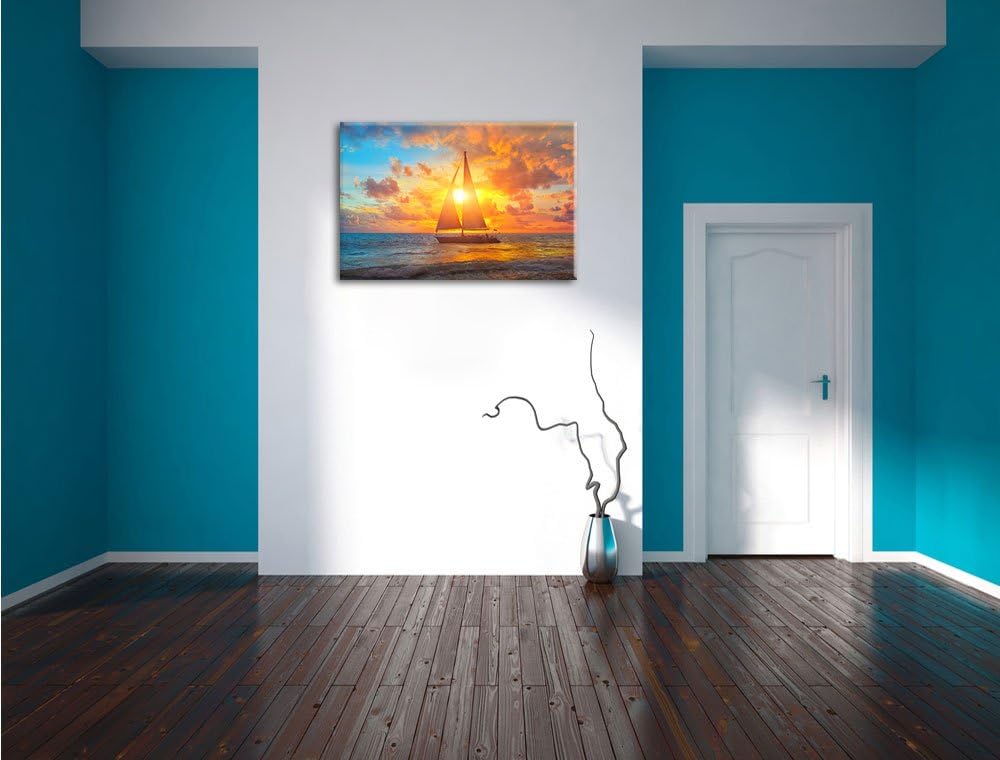 Pixxprint Segelboot nahgelegen der Küste als Leinwandbild/Grösse: 100x70 cm/Wandbild/Kunstdruck/fert