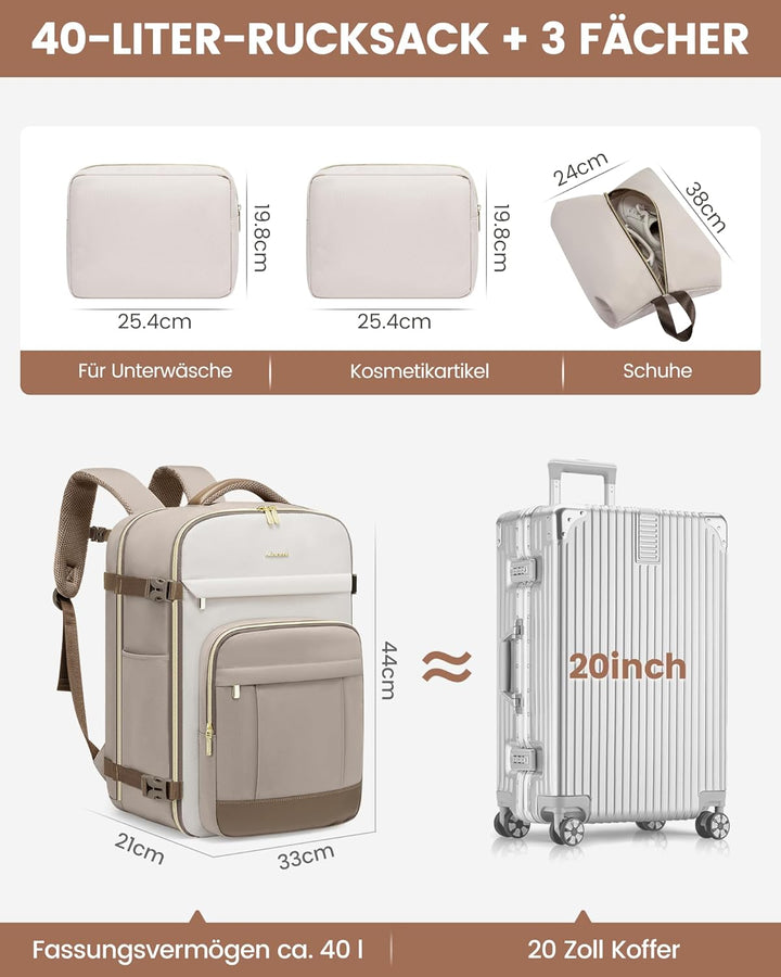 LOVEVOOK Rucksack Handgepäck Flugzeug, 40L Gross Reiserucksack Damen für 17 Zoll Laptop, Wasserdicht