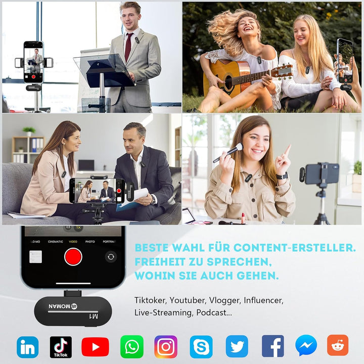 Moman Kabellos Mikrofon Handy Ansteckmikrofon für iPhone, Wireless Lavalier Mikrofon Lightning2.4GHz