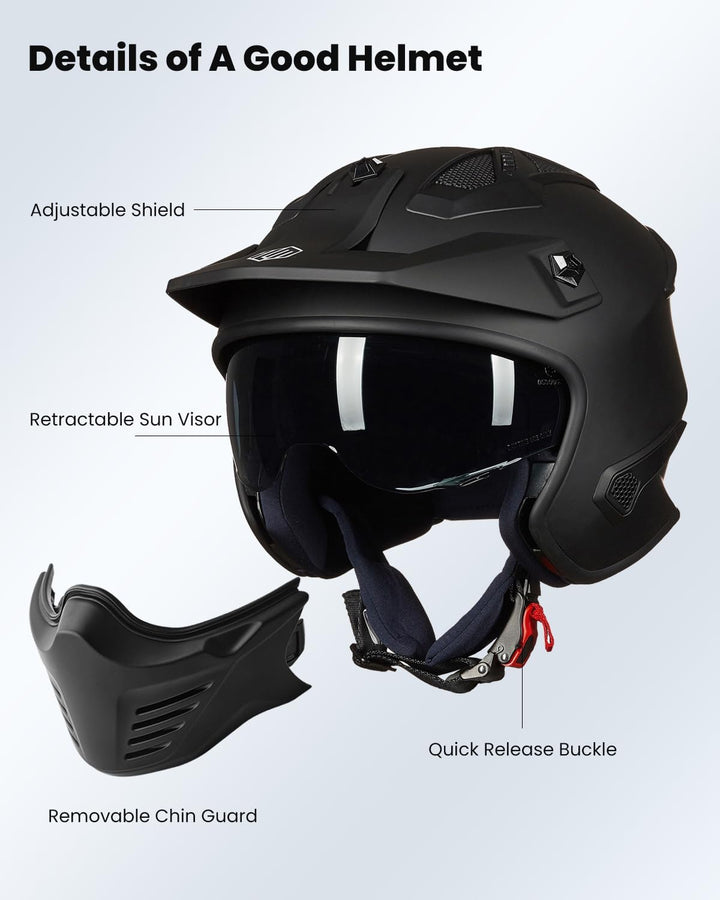 ILM Helm Motorrad Integralhelm Motocross Herren Damen Vintage Retro mit Visier ECE Model 726X M Schw