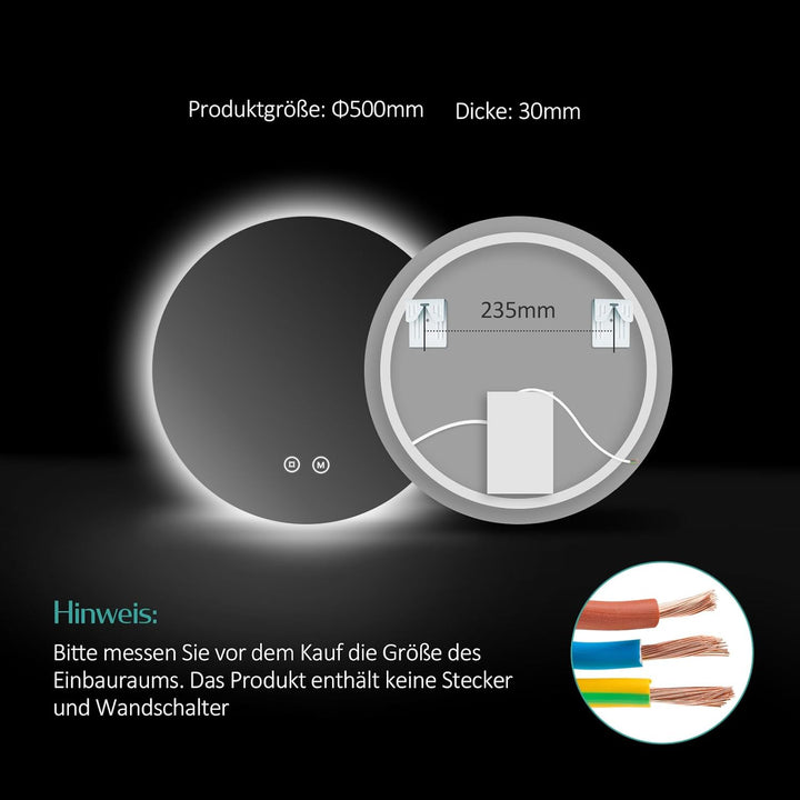 EMKE Badspiegel mit Beleuchtung rund 50cm Durchmesser Badezimmerspiegel mit 3 Lichtfarbe dimmbar, Sp