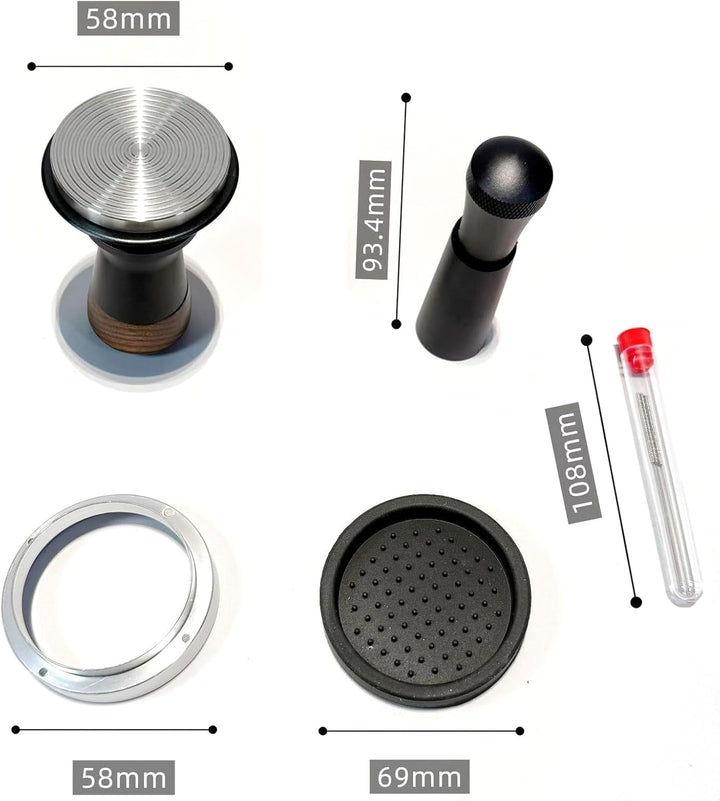 Kaffee Tamper Set 58mm, 30lbs Druckregulierend Espresso Tamper mit WDT Tool & Magnetisch Dosierring,
