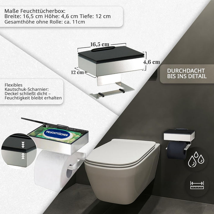 Toilettenpapierhalter mit Feuchttücherbox - Gehäuse Matt & Abdeckung Glas Schwarz- befüllbar von Lin