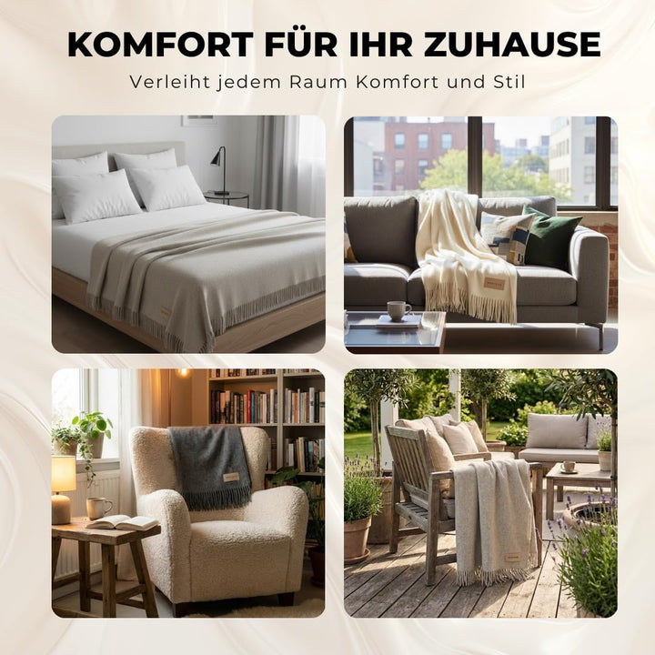 menique Warm Wolldecke Milan 130x165 cm – Beige Dicke Kuscheldecke aus 100% Wolle, Weiche Sofa- & Co