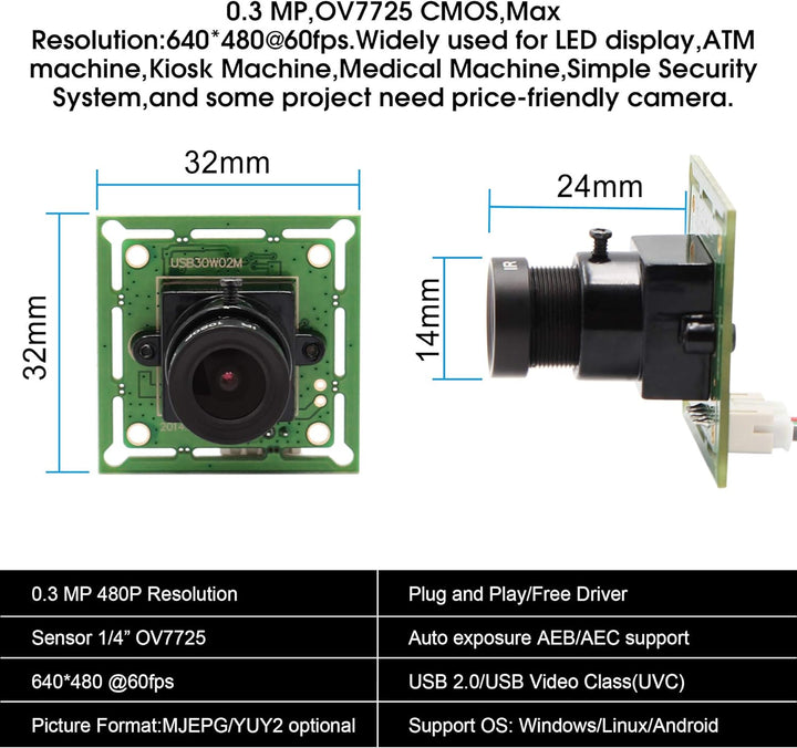 G 60fps USB Kameramodul 0.3mp Webcam modul Weitwinkel VGA Webkamera,480P 3,6mm Objektiv USB mit Kame