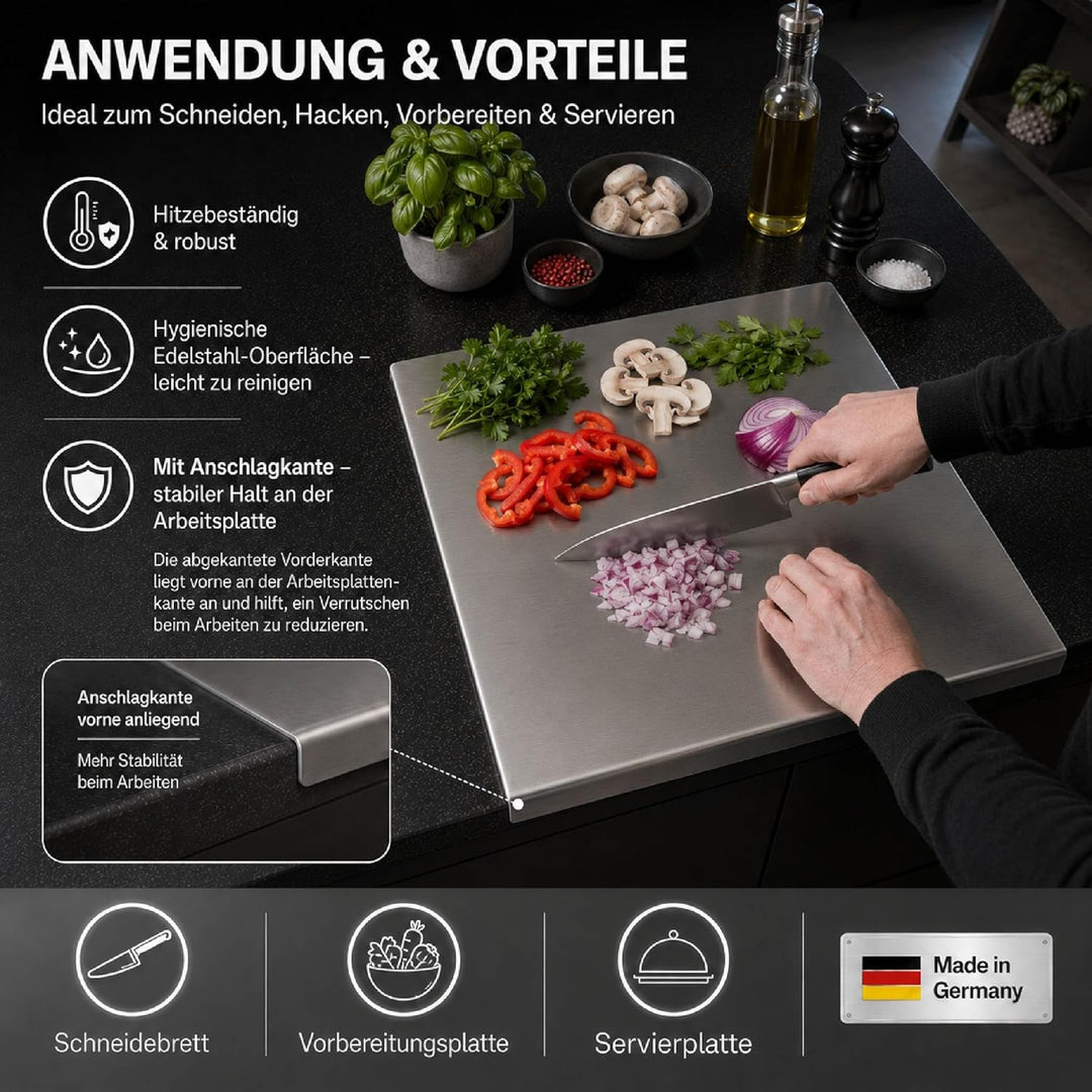 Arbeitsplatte Knetbrett Edelstahl [50x50 cm] - Für Kneten, Schneiden & Backen - Küchenplatte mit Ans