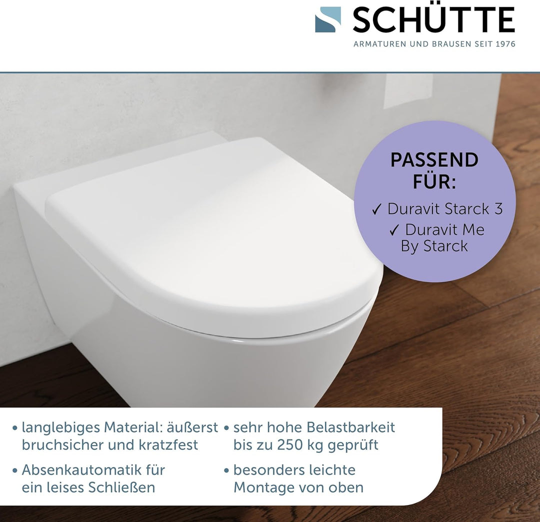 SCHÜTTE WC-Sitz passend zu Duravit Starck 3, mit Absenkautomatik made in EU, Abnehmbarer Klodeckel a