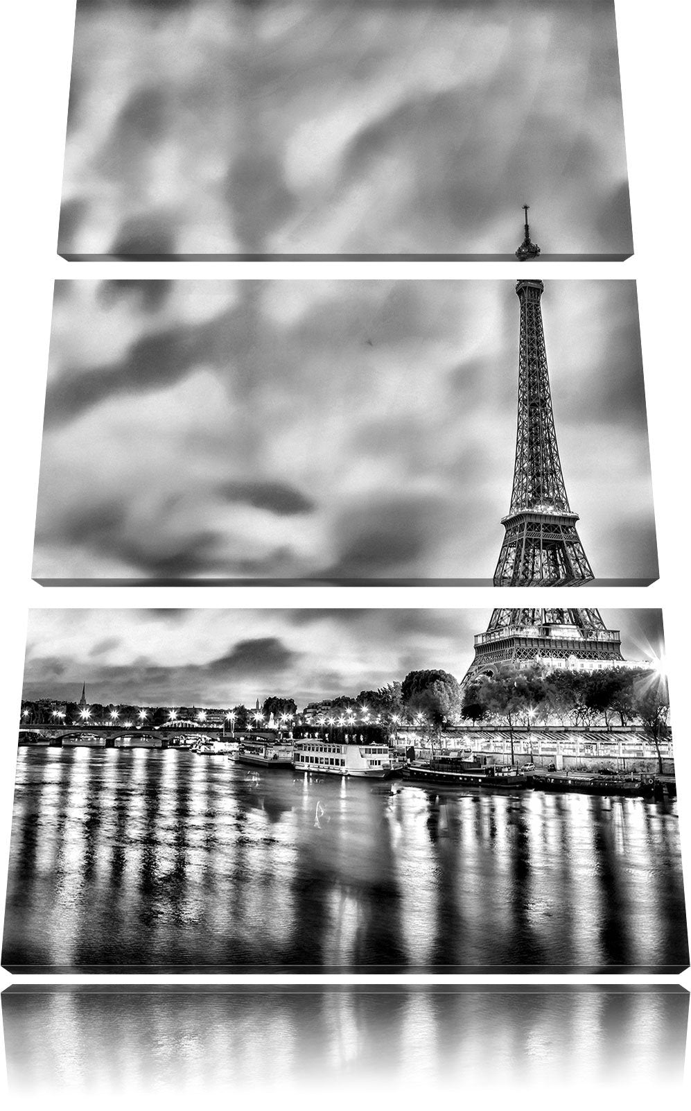 Pixxprint Monocrome, Eifelturm Paris bei Nacht 3-Teiler Leinwandbild 120x80 Bild auf Leinwand