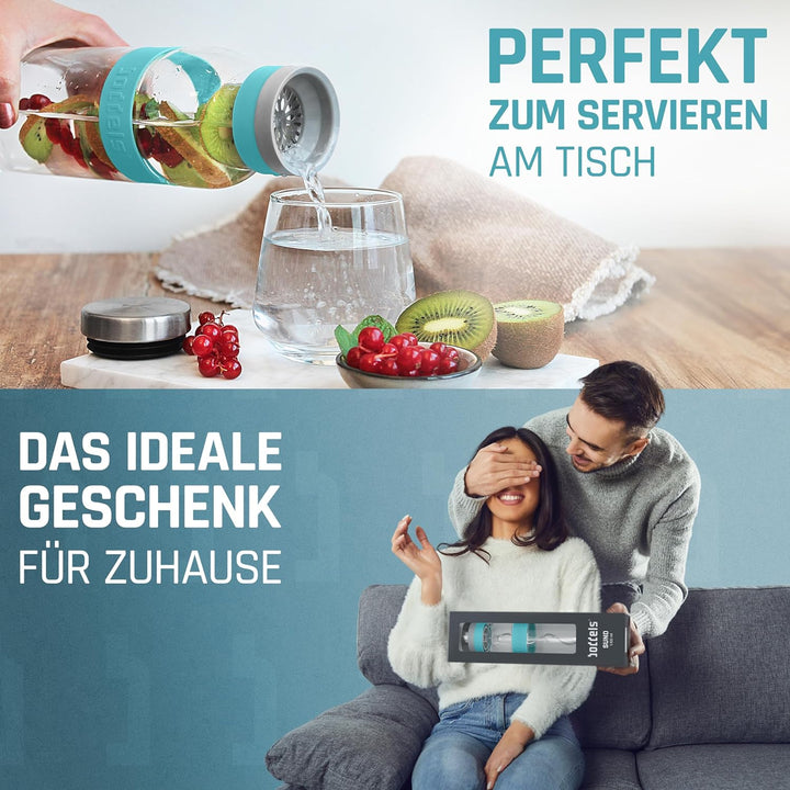 boddels Glaskaraffe mit Deckel und Sieb 1.100ml, Rutschfester Griff, Glaskaraffe mit Fruchteinsatz,