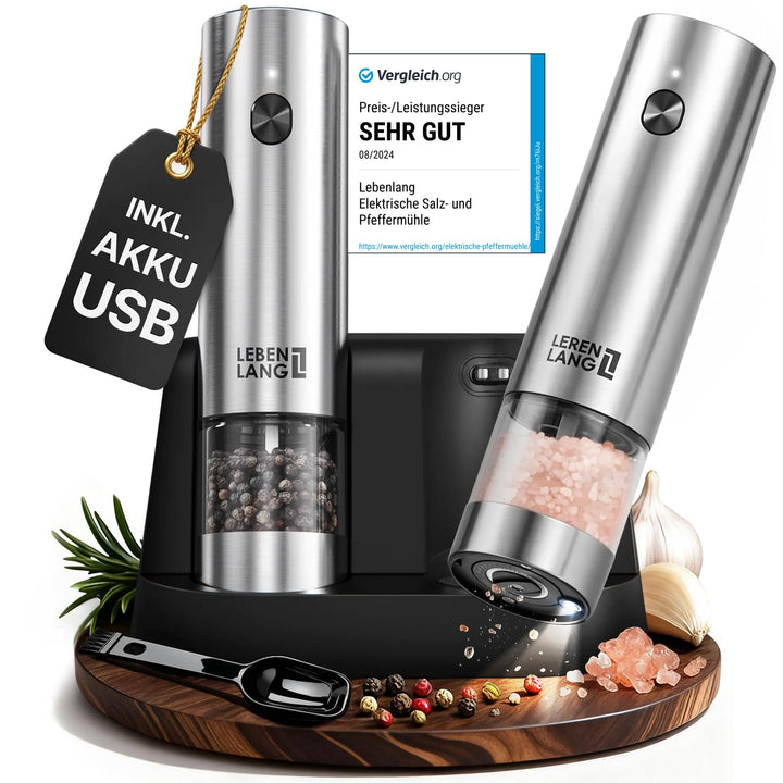 LEBENLANG Salz und Pfeffermühle Elektrisch - Wiederaufladbar & Viel Zubehör I Batterie Set I Pfeffer