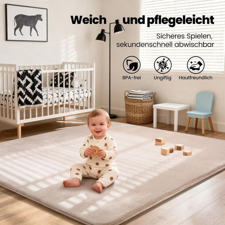 Krabbelmatte Baby 127×127cm, 3cm Dicke Schaumstoff Spielmatte, Ultraweiche Stütze und Plüschiges Gef
