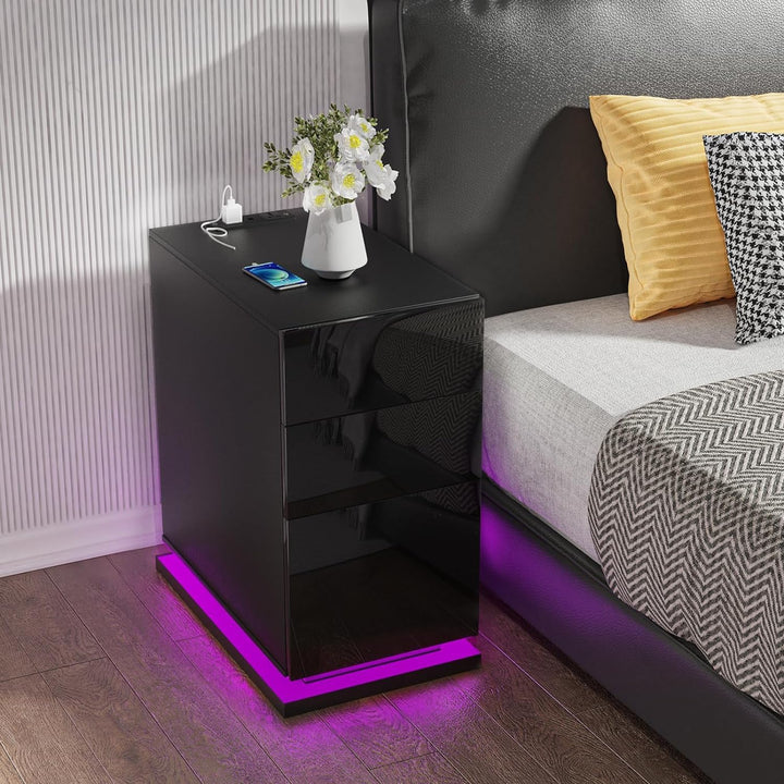PIPIPOXER Nachttisch mit LED, Nachttisch Schwarz mit 3 Schubladen, Nachtschrank Schwarz Hochglanz Na