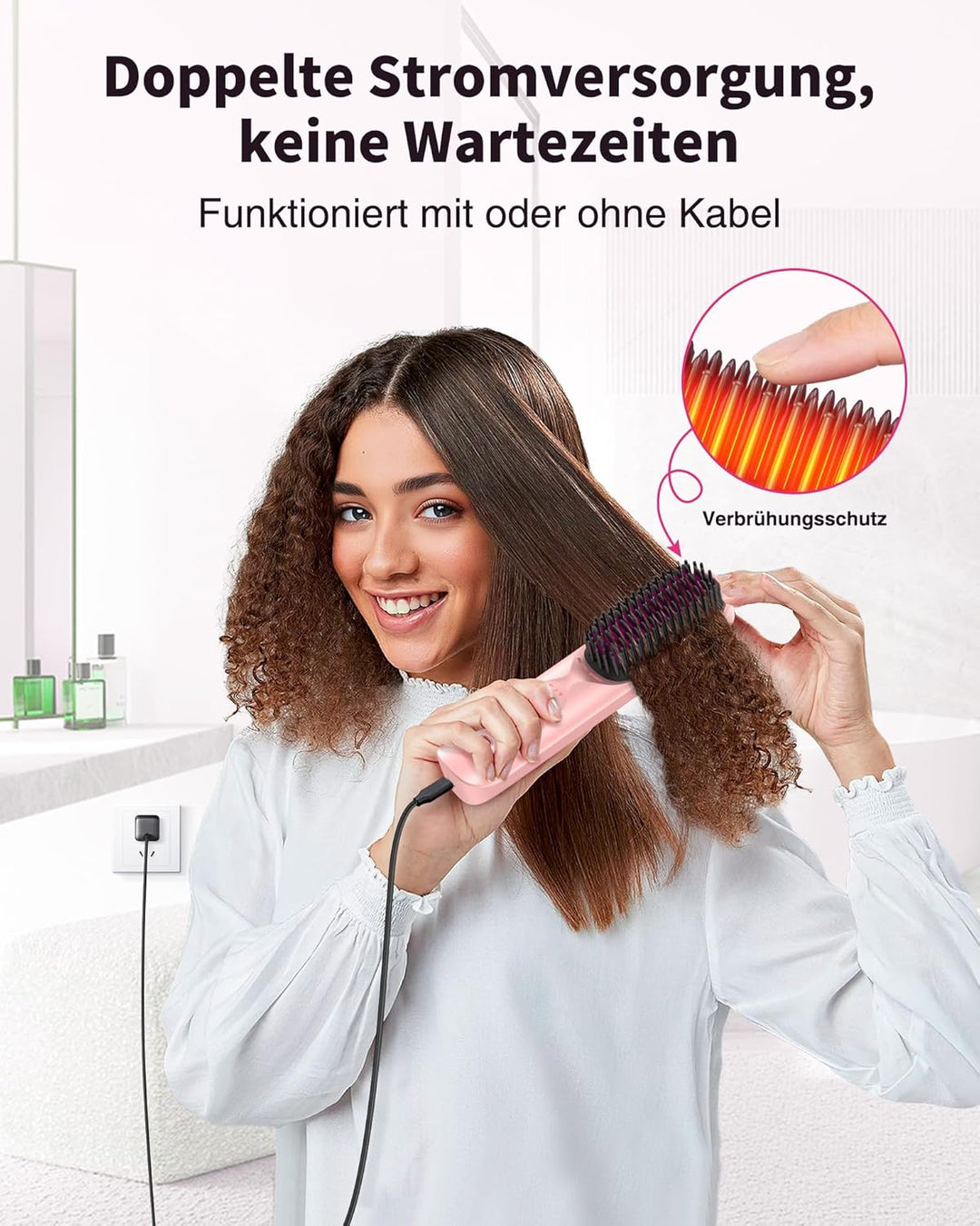 Bopcal Glättbürste 2 in 1-10000mAh Haarglätter Bürste mit Millionen Negative Ionen, Wiederaufladbare