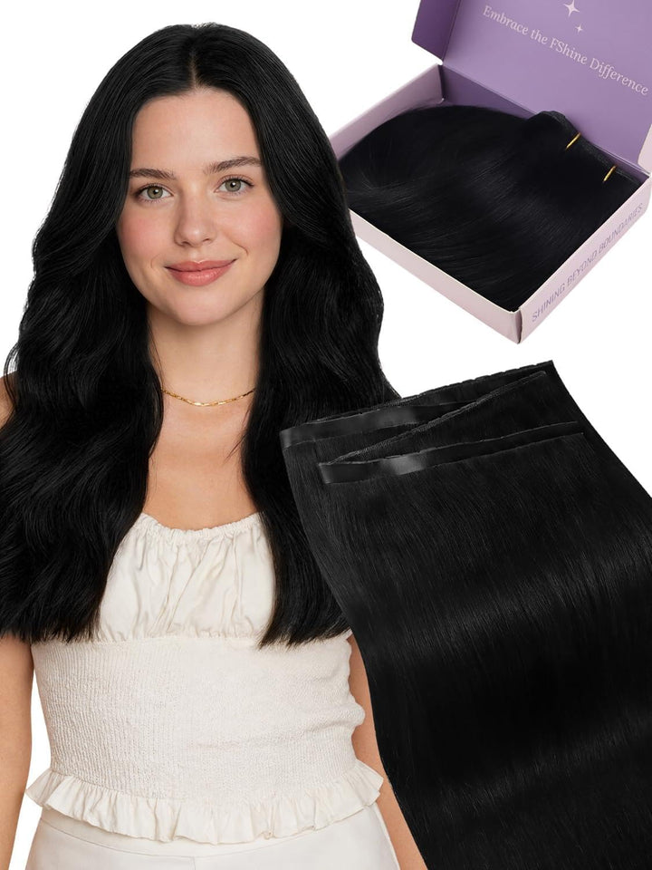 Fshine Butterfly Extensions Echthaar Tressen, Tiefschwarz, 40 cm 50 g, Keine Klobigen, PU-Basis, für