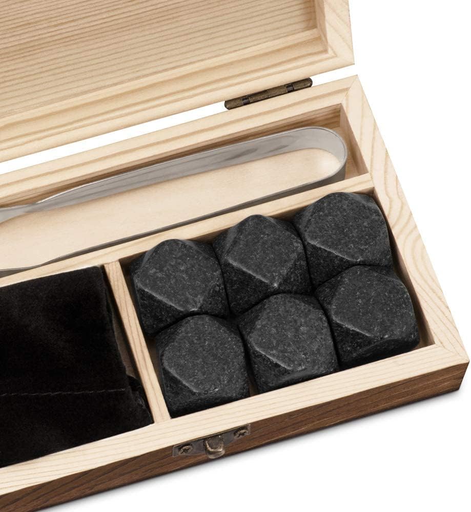 Maverton Whisky Steine Set - in Holzbox mit Gravur - 8 Eiswürfel + 2 Whisky Gläser - wiederverwendba
