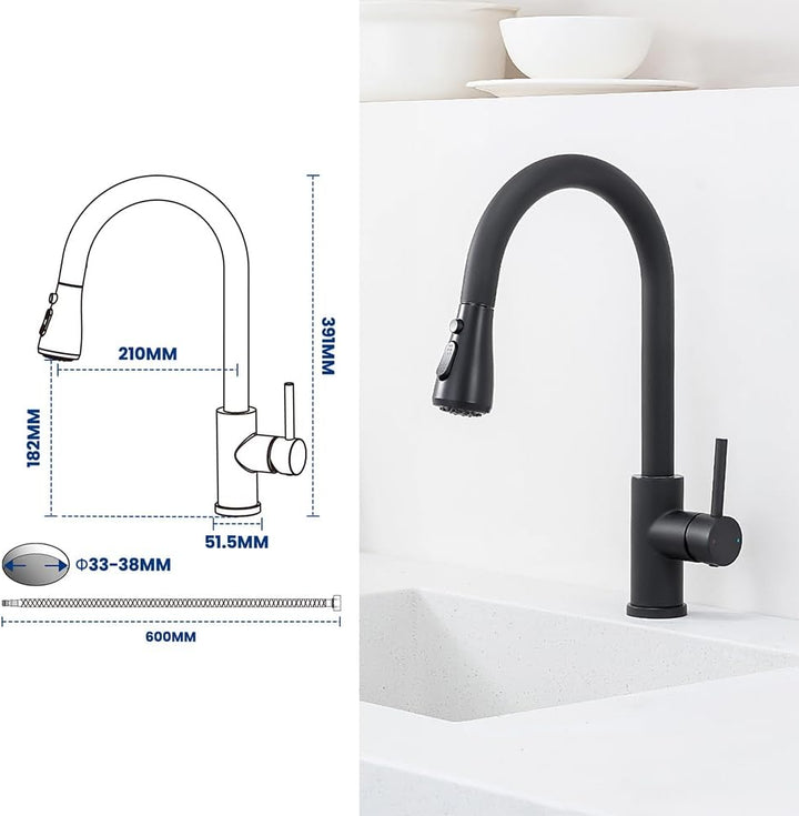 CECIPA Küchenarmatur &amp; Spülbecken Set Schwarz 60×49 cm, Ausziehbarer Wasserhahn Küche mit 360° Drehf