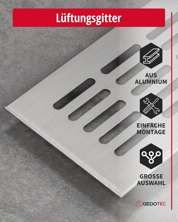 Gedotec Lüftungsgitter eckig aus Aluminium | 1 Stück Abluft-Gitter Edelstahl-Finish 600 x 60 mm | Tü