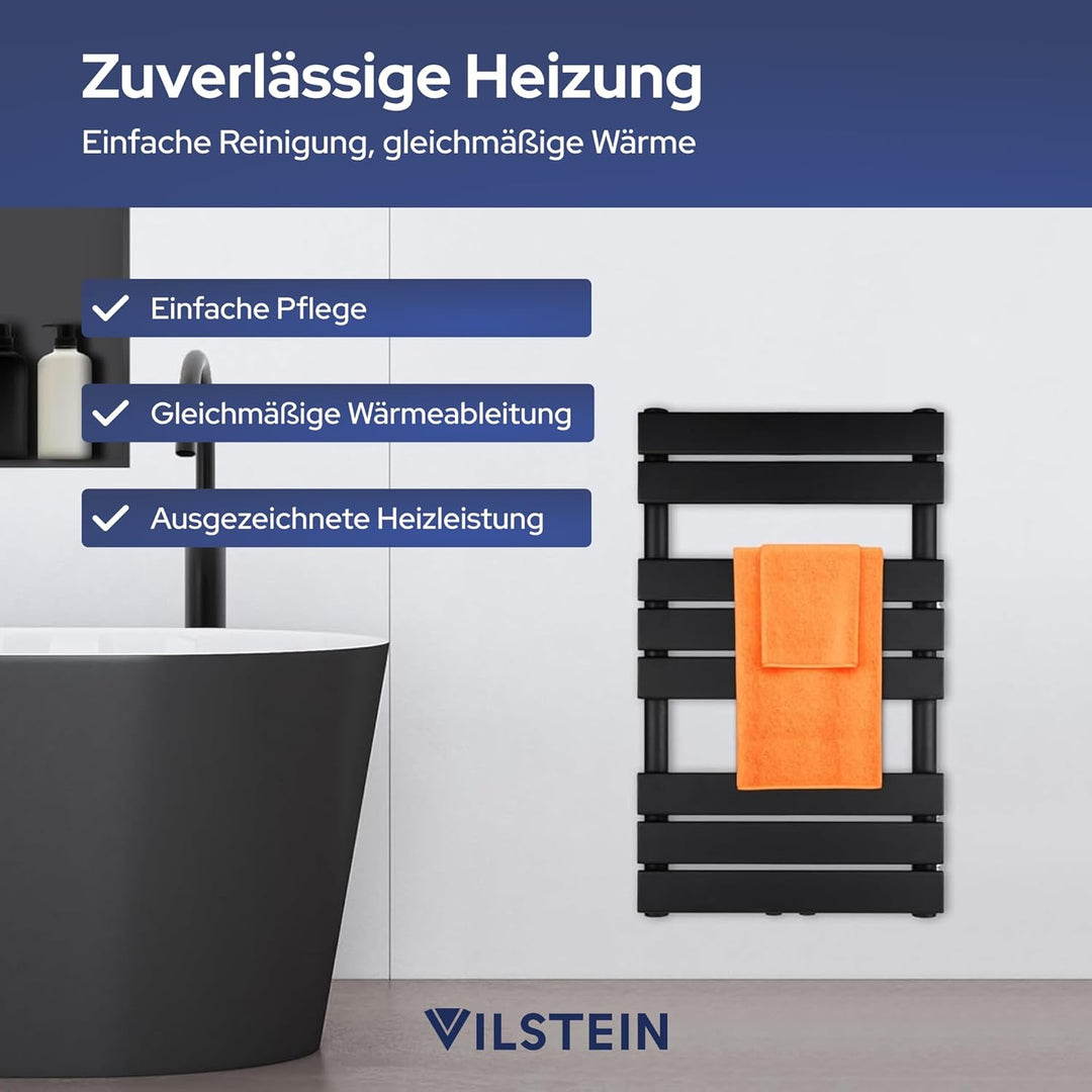 VILSTEIN Bad Heizkörper, Horizontal, Schwarz, Seitenanschluss und Mittelanschluss, 800x500 mm 407W -