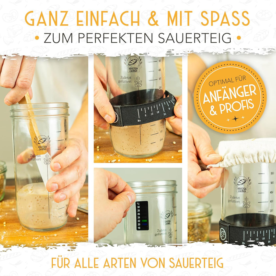 KRUSTENZAUBER 2er Set Gärkörbchen & 600ml Sauerteig Starter Set im Vorteilspack - Gärkörbe aus Ratta
