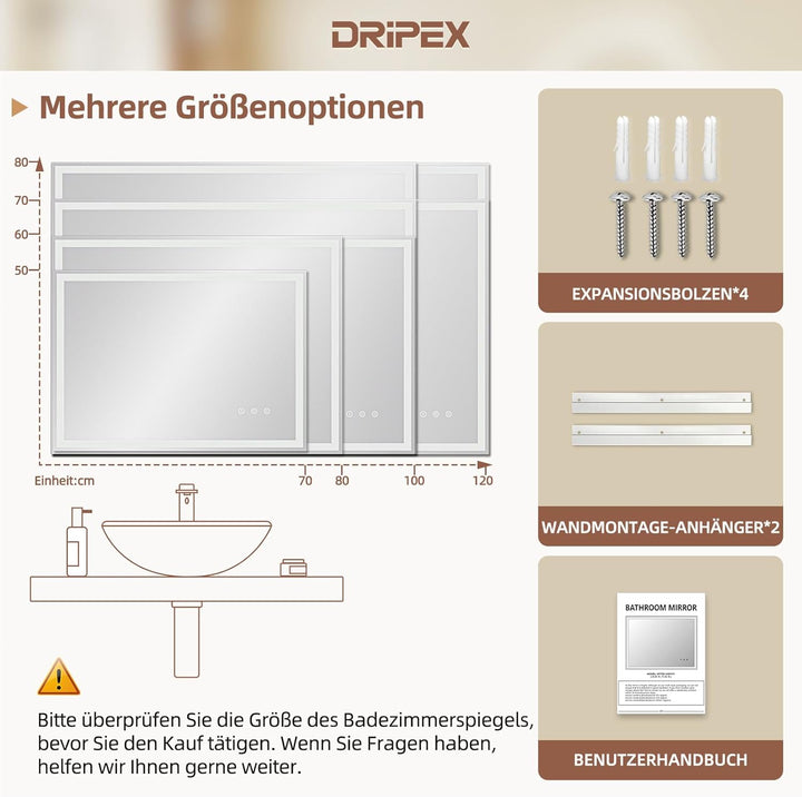 Badezimmerspiegel Led Badspiegel, Speicherfunktion, Touch-Schalter, Druckknopf, Dimmbar, 3 Lichtfarb