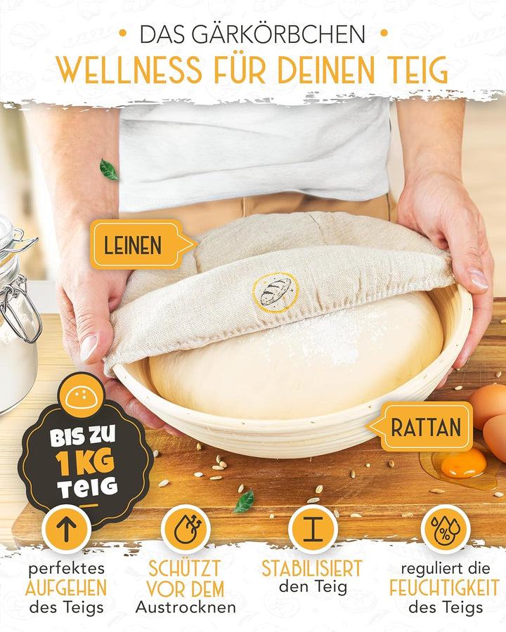 KRUSTENZAUBER Gusseisen Topf Brot Backen im XXL Set - Brotbackform mit Deckel inkl. Gärkorb, Schneeb