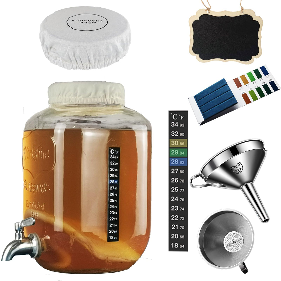 Kombucha Brauset mit 5,0L Glasfermenter &amp; Hahn – Komplett-Set mit Edelstahl-Trichter, Tuch, Temperat