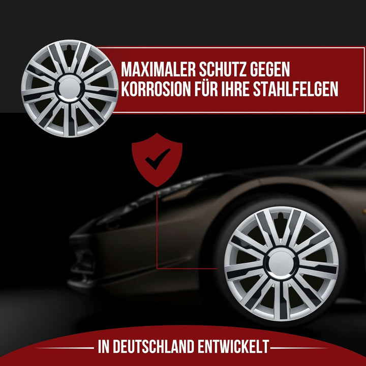 Albrecht 15 Zoll Radkappen schwarz/silber für Stahlfelgen - Mirage Radzierblenden aus hochwertigem K