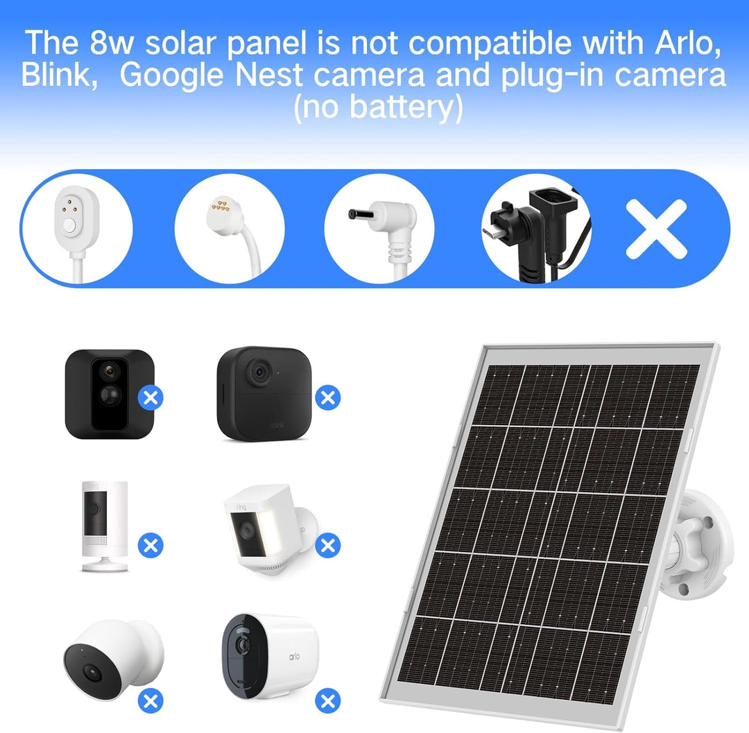 8W Solarpanel für Überwachungskamera Aussen Akku – IP65 Solar Panel mit 3‑in‑1 USB‑C/Micro/DC, inkl.