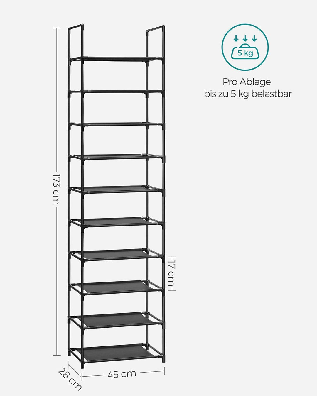 SONGMICS Schuhregal,10 Ebenen, Schuhablage, Schuhaufbewahrung, schmal, 28 x 45 x 173 cm, Metallgeste