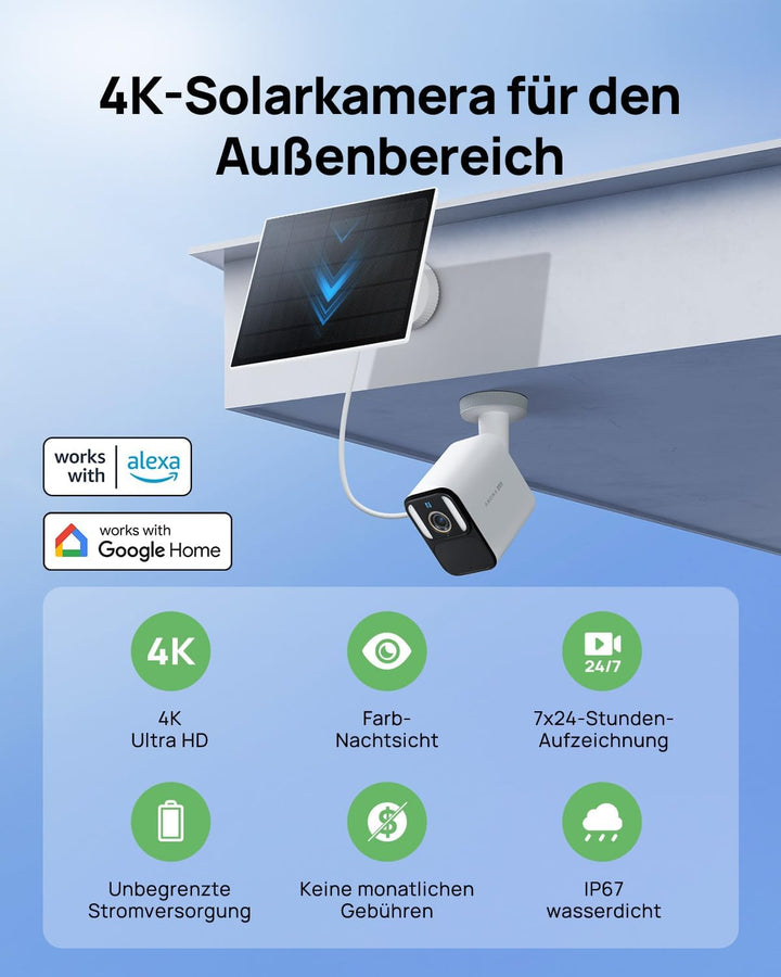 Anona Aurora 4K Solar Überwachungskamera Aussen 2-Pack + Solarpanel | WLAN Kamera Outdoor, 8MP Farb-