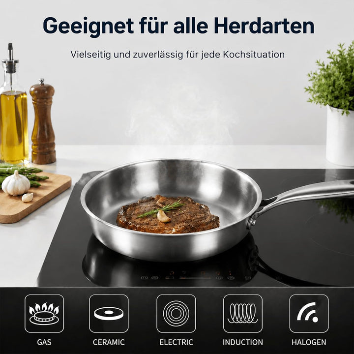 Edelstahlpfanne 28 cm mit Deckel, Unbeschichtete Bratpfanne für Induktion, Durchgehend 3-lagig (3 mm