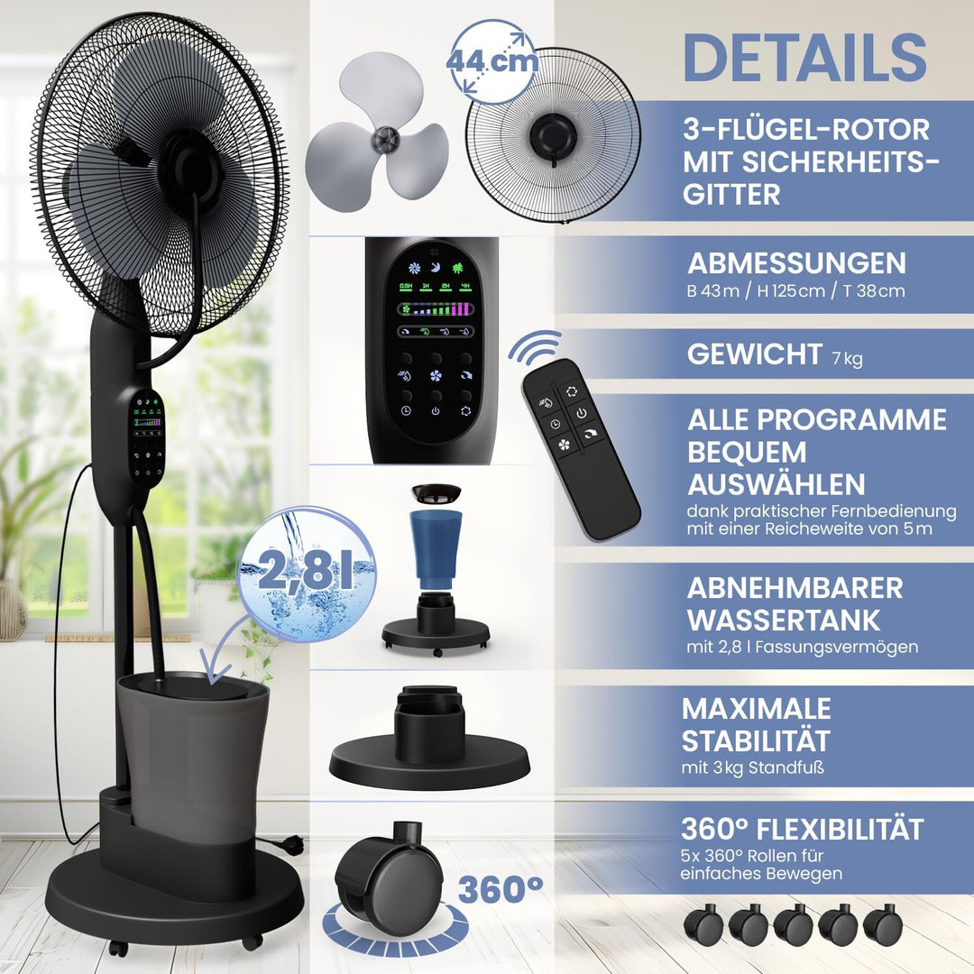 aktimeo NEU Ventilator mit Wasserkühlung, Standventilator sehr leise mit Fernbedienung, Luftkühler m