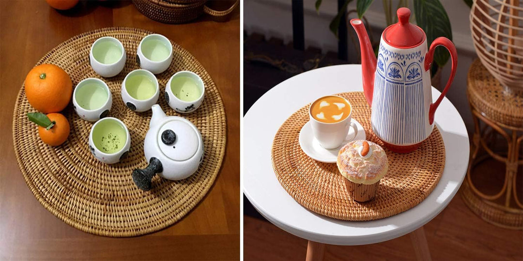 DAWN FLAME Set Mit 2 Handgewebten Tischsets aus Natürlichem Rattan Hitzebeständiger Unterlage Dreibe