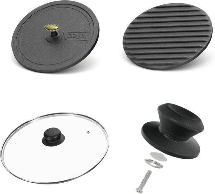 Ø28cm Grillpfanne Gusseisen mit Pressdeckel Glasdeckel Pfannenwender Induktion Holzgriff Bratpfanne