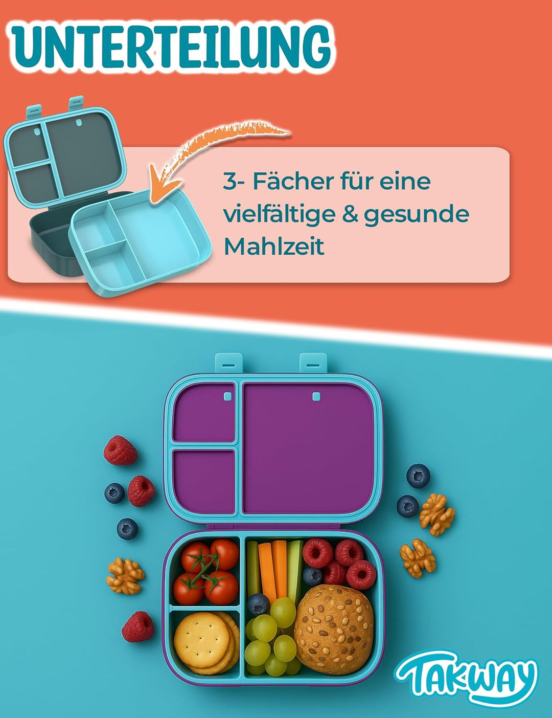 Brotdose Kinder mit Fächern - Bento Box Lunchbox BPA Frei - robust & leicht zu öffnen (Lila), Lila