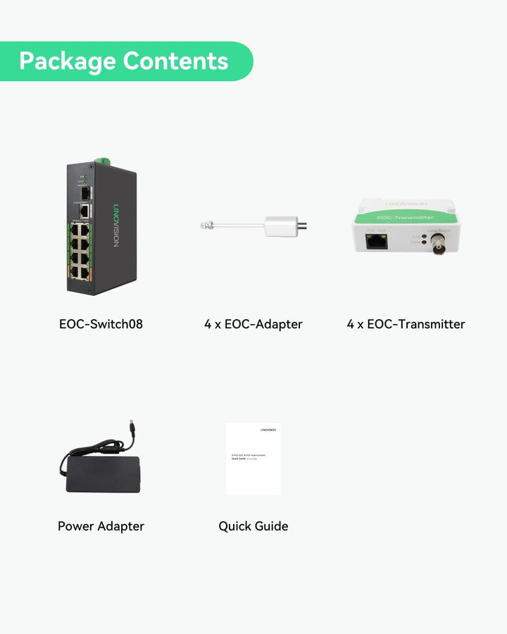 LINOVISION Industrial 8-Port EOC & POE Switch mit 4 EOC-Sendern, PoE mit grosser Reichweite über Koa