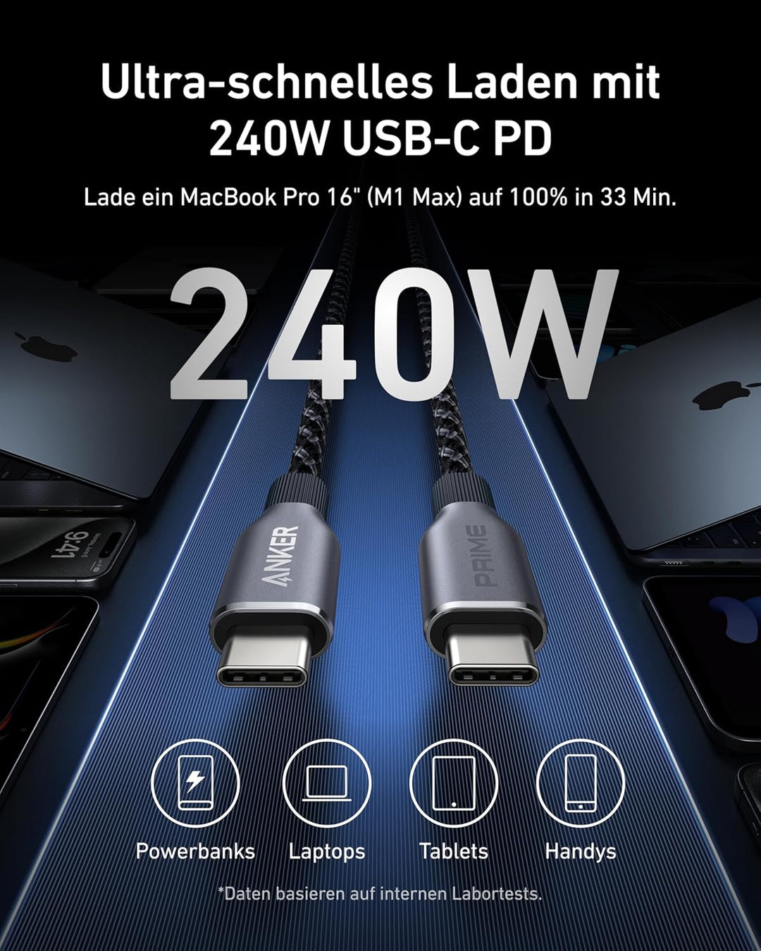 Anker Prime USB C auf USB C Kabel, 240W 90cm Schnellladekabel USB C, Upcycled Nylon im Flecht-Design