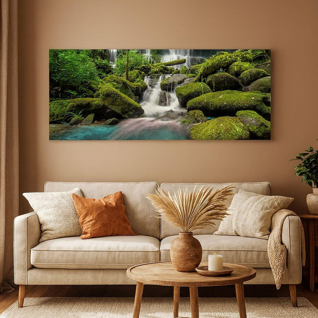 Panorama Bilder auf Leinwand 100x40cm Leinwandbild Park Wasserfall Wasser Gross Wanddeko Bild Schlaf