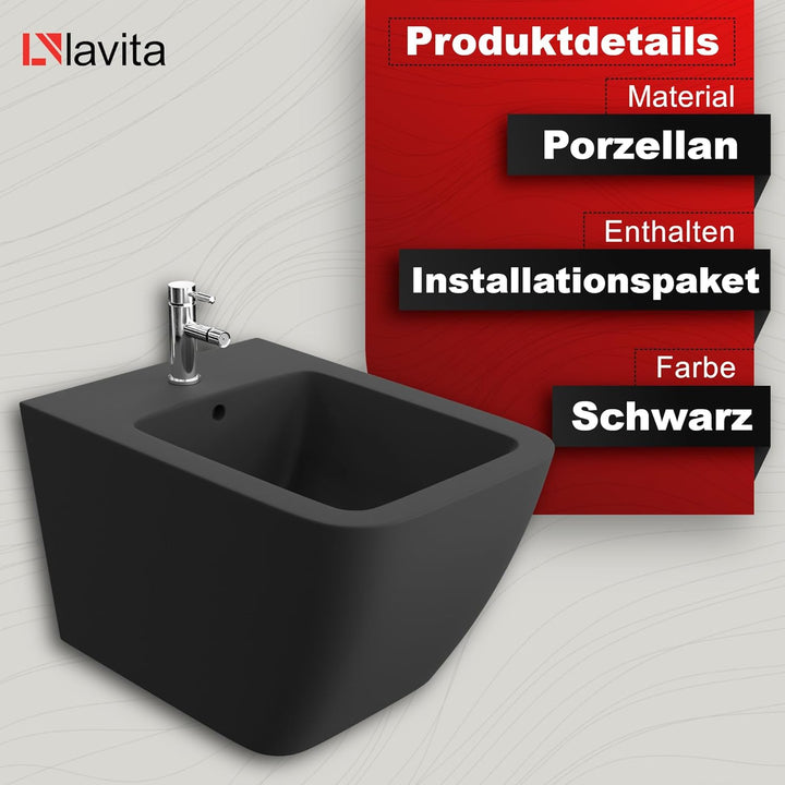 LAVITA Universal Wand-Bidet Onil Black mit Hahnloch und Überlaufschutz aus Keramik Sitzwaschbecken z