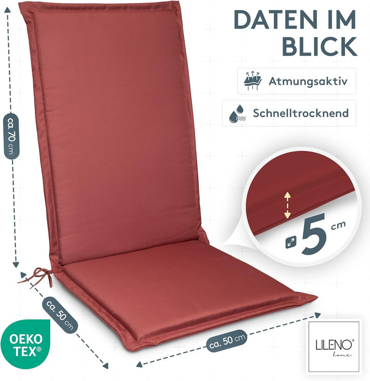 LILENO HOME Gartenstuhl Auflagen [2er Set - Hochlehner] in Rot - Bequeme Liegen als Sitzauflagen für