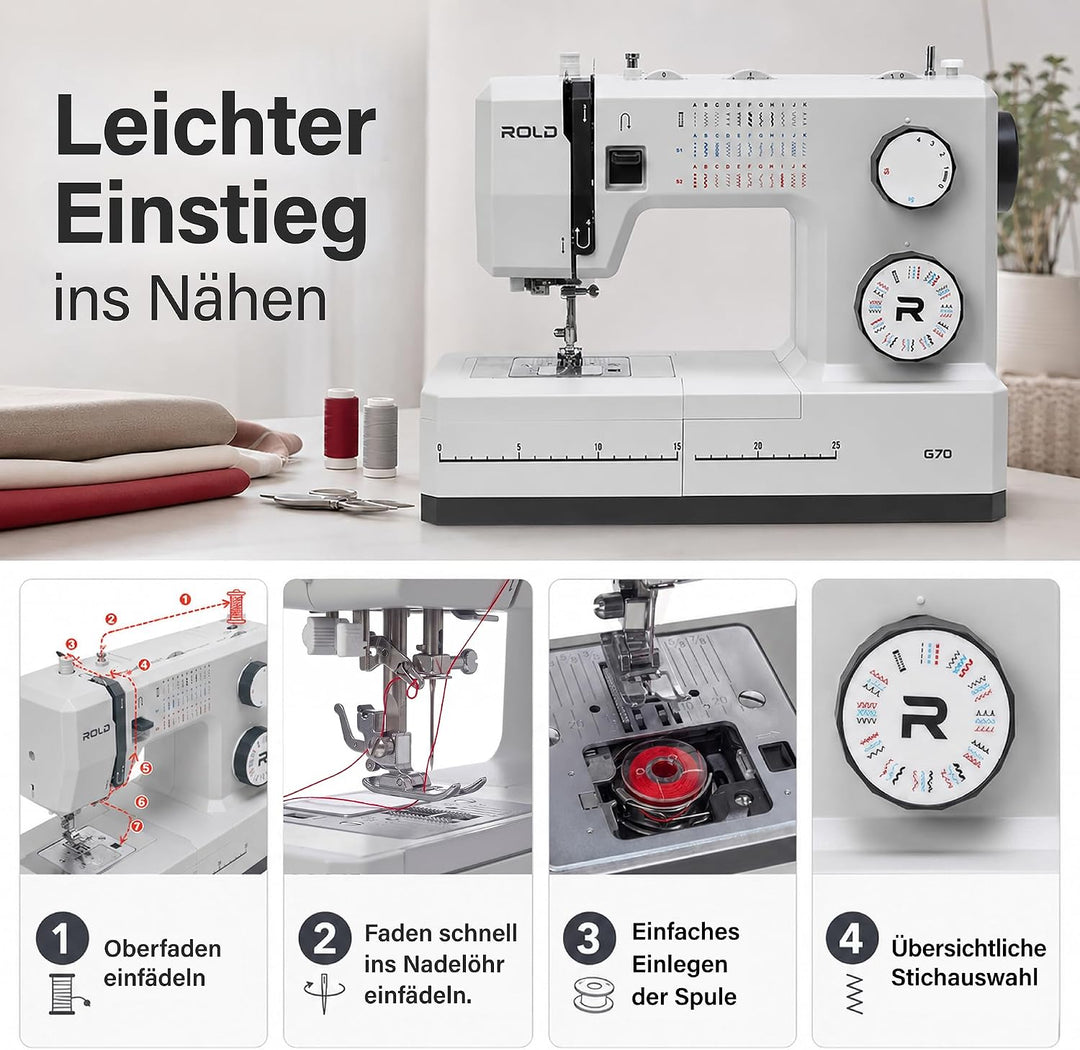 Rold G70 Nähmaschine mit 34 Nähprogramme, Automatisches Knopfloch, 100-Watt-Servomotor, Nadeleinfädl