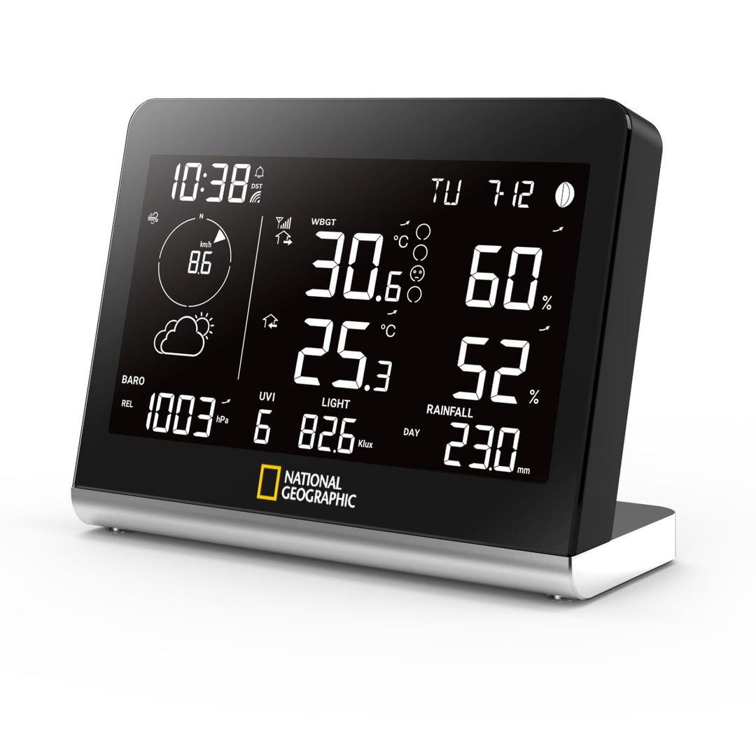 National Geographic Funkwetterstation SC mit 8-in-1-Aussensensor, Farbwechsel-Display, Temperatur, L