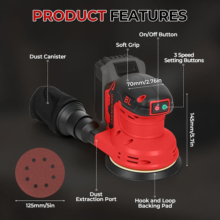 Akku-Exzenterschleifer, Kompatibel mit Milwaukee 18V Batterie, 3 Geschwindigkeiten, 9700-19000 U/min