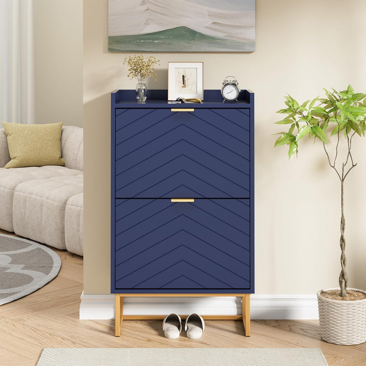 UEV Schuhschrank mit 2 Klappen Schmal, Schuhkipper für Flur Wohnzimmer, Schuhkommode mit Kippschutz,