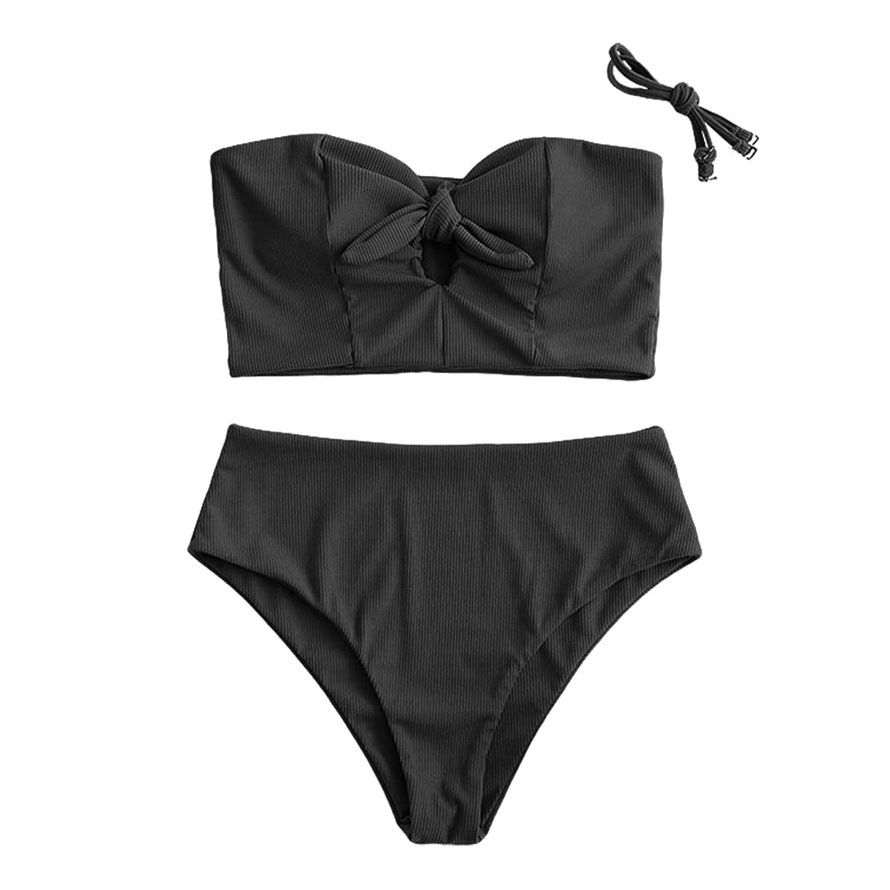 ZAFUL Women Keyhole Bandeau Tankini with Removable Straps, High Waisted Padded Bathing Suit Two Piec