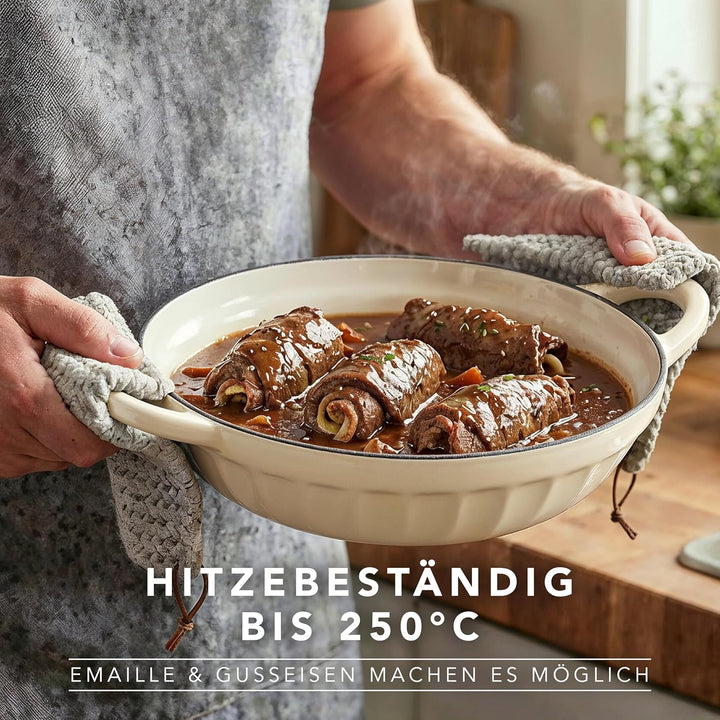 Römertopf Gusseisen Schmorpfanne mit Deckel 28 cm – Sautépfanne Emaille-Beschichtung, alle Herdarten