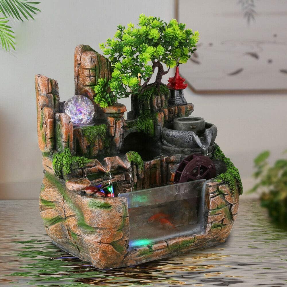 Sallurmose Desktop-Wasserbrunnen, Mini-Desktop-Wasserfallbrunnen mit rollender Kugel, Wasserrad, Des